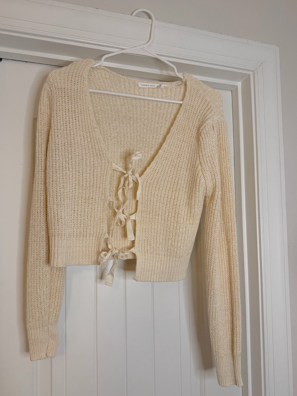 Altar'd State Cream V-Neck Tie-Front Knit Sweater